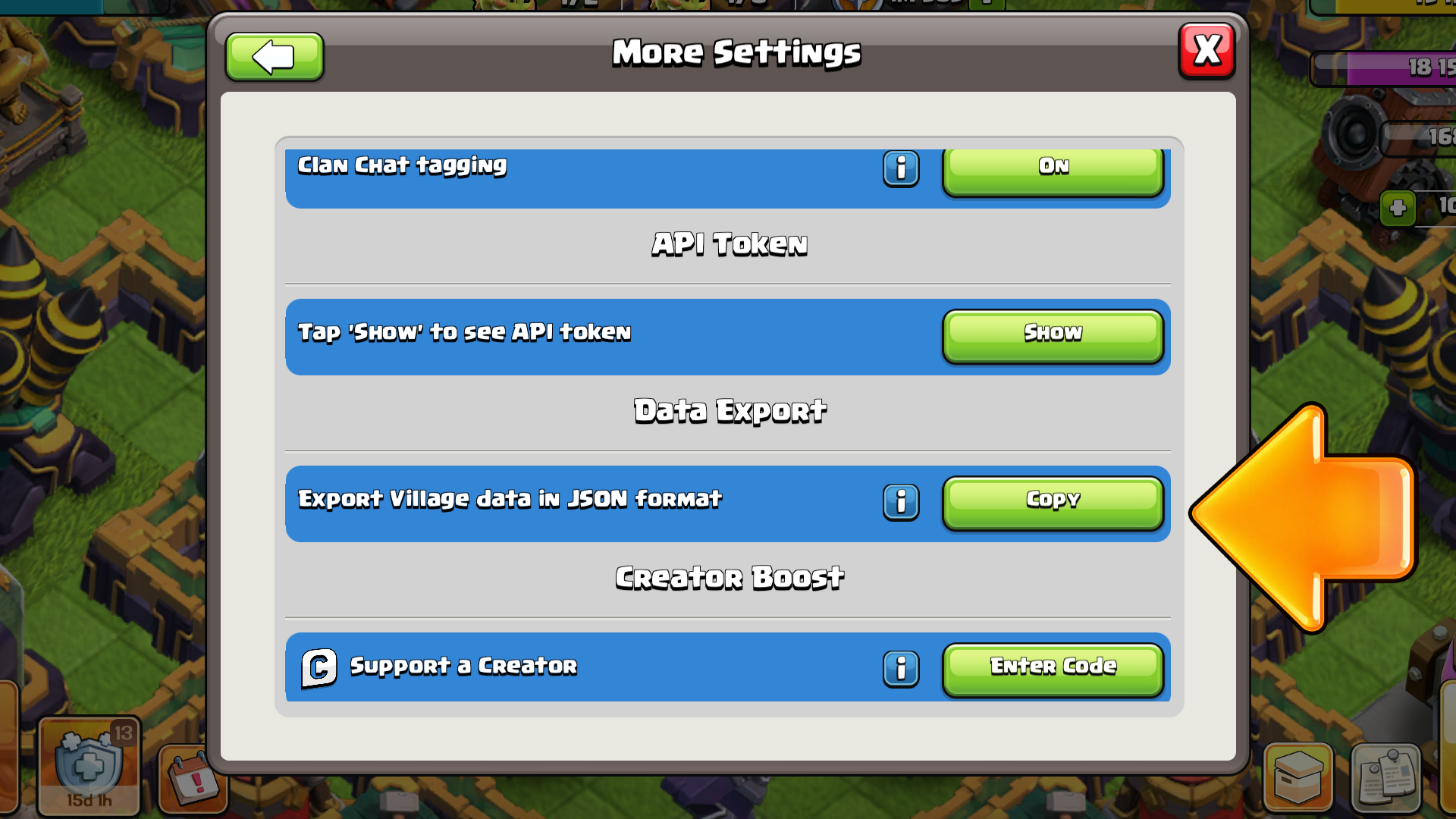 More Settings screen showing Copy under Data Export